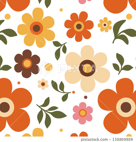Retro 70s Floral Seamless Pattern with Large Daisy Flowers Warm Neutral Palette Retro 70s Floral Seamless Pattern with Large Daisy Flowers Warm Neutral Palette 138869989