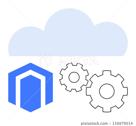 Cloud services, technology integration, data processing, cloud storage, software development, tech solutions. Blue cloud over gears and icon. Cloud services and technology integration concept Cloud services, technology integration, data processing, cloud storage, software development, tech solutions. Blue cloud over gears and icon. Cloud services and technology integration concept 138870014