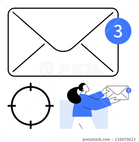 Communication, business tools, notifications, online messaging, email updates, workplace productivity. Large envelope with notification badge, target symbol person holding envelope. Communication Communication, business tools, notifications, online messaging, email updates, workplace productivity. Large envelope with notification badge, target symbol person holding envelope. Communication 138870023