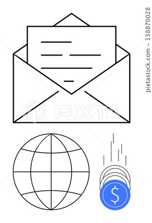 Digital communication, global transactions, financial services, e-commerce, payment systems, currency exchange. Enclosed letter with globe and falling coins. Digital communication and global Digital communication, global transactions, financial services, e-commerce, payment systems, currency exchange. Enclosed letter with globe and falling coins. Digital communication and global 138870028