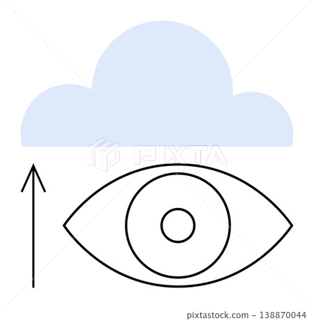 Cloud computing, data security, information technology, vision, upload, digital services. Eye icon below cloud with arrow pointing up. Cloud computing and data security Cloud computing, data security, information technology, vision, upload, digital services. Eye icon below cloud with arrow pointing up. Cloud computing and data security 138870044