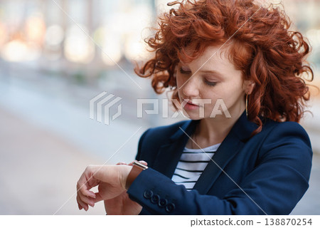 Business, woman in city and check time outdoor, travel and schedule for project, deadline and waiting. Female employee, confident entrepreneur and consultant outside, appointment and commute to work Business, woman in city and check time outdoor, travel and schedule for project, deadline and waiting. Female employee, confident entrepreneur and consultant outside, appointment and commute to work 138870254