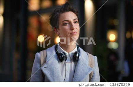 Business woman in city, thinking with face and travel to work with headphones outdoor, mockup with bokeh and commute. Young creative, mindset and vision with web designer, career and growth in London 138870269
