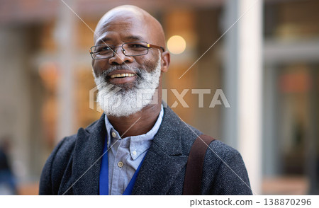 Senior black man, business and portrait in city, street or town with company goals. Ceo, boss and face glasses of happy elderly male entrepreneur from Nigeria with vision, mission and success mindset 138870296