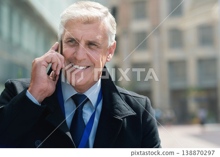 Phone call, business man and talking in city, street or town with contact outdoors. Technology, thinking and happy male entrepreneur with 5g mobile smartphone for networking, chatting and discussion. 138870297
