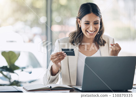 Finance, credit card and happy with woman and laptop in office for savings, investment or online shopping mockup. Success, fintech or stock market with customer and website for deal, payment or offer Finance, credit card and happy with woman and laptop in office for savings, investment or online shopping mockup. Success, fintech or stock market with customer and website for deal, payment or offer 138870335