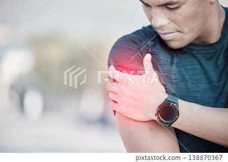 Fitness, man and shoulder pain after training, exercise and guy with muscle tension, strain and ache. Arm, male and athlete with red highlight, injury and medical emergency with smartwatch and sports 138870367