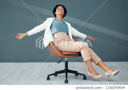 Chair, fun and carefree with a business black woman sliding on the floor of her office feeling stress free. Freedom, relax and success with a female employee riding a seat alone in the workplace Chair, fun and carefree with a business black woman sliding on the floor of her office feeling stress free. Freedom, relax and success with a female employee riding a seat alone in the workplace 138870404