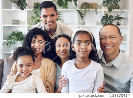 Portrait of family with kids, parents and grandparents on sofa with smile in happy home in Brazil. Happiness, generations of men and women with children, spending time together making fun memories. Portrait of family with kids, parents and grandparents on sofa with smile in happy home in Brazil. Happiness, generations of men and women with children, spending time together making fun memories. 138870414