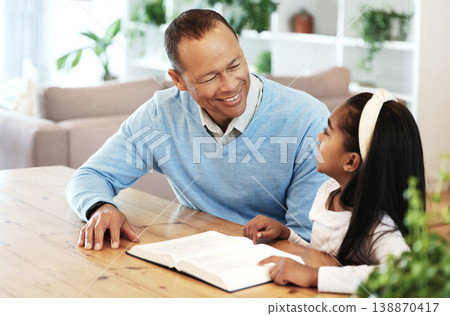 Family, grandfather and child reading book, teaching and learning bible story, questions and education in living room. Black people or senior man and kid story, holy or spiritual development and help 138870417