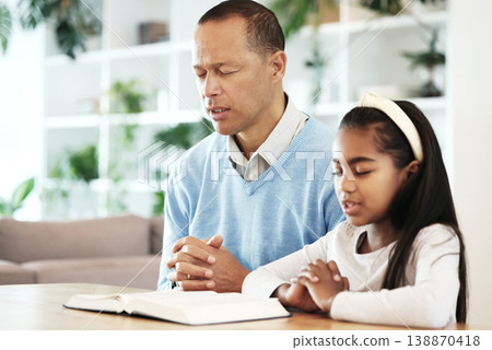 Family, kids and praying with bible books in support, faith or christian worship at home. Father, girl child or prayer of religion, spiritual trust or reading holy gospel of god, jesus christ or hope Family, kids and praying with bible books in support, faith or christian worship at home. Father, girl child or prayer of religion, spiritual trust or reading holy gospel of god, jesus christ or hope 138870418