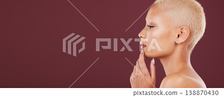 Beauty, profile and woman in studio for makeup, wellness and cosmetic, natural and maroon or red background. Skincare, luxury and girl model relax with hygiene, skin and treatment isolated on mockup Beauty, profile and woman in studio for makeup, wellness and cosmetic, natural and maroon or red background. Skincare, luxury and girl model relax with hygiene, skin and treatment isolated on mockup 138870430