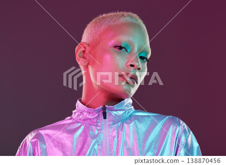 Futuristic fashion, cyberpunk portrait and black woman with chrome clothing in studio. Vaporwave, isolated and gen z with a young female model glow with cosmetics and scifi clothes with mockup 138870456