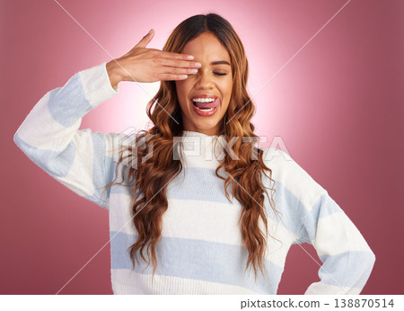 Hand, woman and tongue out in studio, crazy and having fun against red background. Face, emoji and gen z girl model posing, young and confident, playful and goofy, casual and comic while isolated Hand, woman and tongue out in studio, crazy and having fun against red background. Face, emoji and gen z girl model posing, young and confident, playful and goofy, casual and comic while isolated 138870514