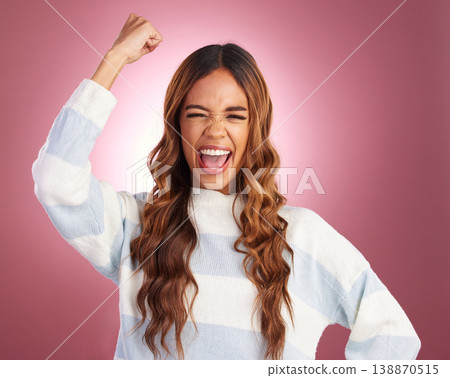 Woman, fist celebration and studio portrait with happiness, winner mindset and smile by gradient background. Girl, model and young with excited face, happy and yes celebrate for winning achievement 138870515