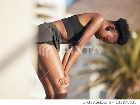 Black woman, tired and stop for sports, fitness break or workout challenge outdoor. Female athlete, rest and breathe for running, exercise and fatigue of cardio marathon, summer training and recovery 138870533