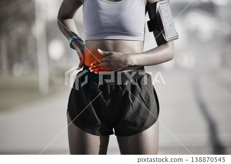 Fitness, woman and red stomach pain from exercise injury, training problem or first aid risk. Sports accident, closeup and abdomen of female athlete with appendicitis emergency, hurt muscle or cramps Fitness, woman and red stomach pain from exercise injury, training problem or first aid risk. Sports accident, closeup and abdomen of female athlete with appendicitis emergency, hurt muscle or cramps 138870545