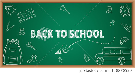 Green chalkboard background with white chalk drawings of school bus backpack and academic supplies Green chalkboard background with white chalk drawings of school bus backpack and academic supplies 138870559