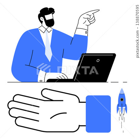 Entrepreneurship, innovation, business growth, startups, leadership, creativity. A man with a laptop pointing forward, and a hand launching a small rocket. Entrepreneurship and innovation concept Entrepreneurship, innovation, business growth, startups, leadership, creativity. A man with a laptop pointing forward, and a hand launching a small rocket. Entrepreneurship and innovation concept 138870595
