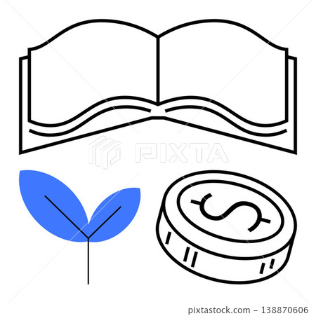 Education, sustainability, financial literacy, eco-friendly practices, budgeting, growth. Minimalist icons of an open book, a leaf and a coin. Education and sustainability Education, sustainability, financial literacy, eco-friendly practices, budgeting, growth. Minimalist icons of an open book, a leaf and a coin. Education and sustainability 138870606