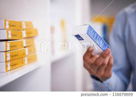 Pharmacy, medicine and hands of man with pills reading label for medication, prescription and information. Healthcare, clinic and closeup of person with medical product, supplements and antibiotics Pharmacy, medicine and hands of man with pills reading label for medication, prescription and information. Healthcare, clinic and closeup of person with medical product, supplements and antibiotics 138870609