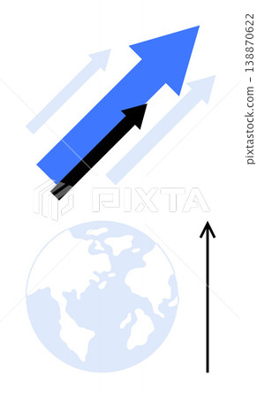 Business growth, global progress, success, data trends, economic development, international reach. Blue and black arrows rising above a globe. Business growth and global progress concept Business growth, global progress, success, data trends, economic development, international reach. Blue and black arrows rising above a globe. Business growth and global progress concept 138870622