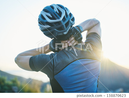Man, cycling and neck pain with injury outdoor, stress and helmet for safety, fitness or exercise in sunshine. Cyclist, emergency and medical problem in countryside for workout, race or performance Man, cycling and neck pain with injury outdoor, stress and helmet for safety, fitness or exercise in sunshine. Cyclist, emergency and medical problem in countryside for workout, race or performance 138870623