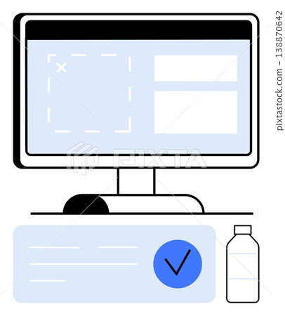Online verification, digital documentation, UI design, task organization, technology, personal productivity. Computer monitor displaying interface elements, checkmark icon and water bottle. Online 138870642