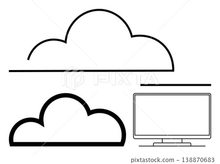 Cloud computing, data storage, technology infrastructure, digital services, online connectivity, IT solutions. Outline of cloud shapes and monitor. Cloud computing and data storage concept Cloud computing, data storage, technology infrastructure, digital services, online connectivity, IT solutions. Outline of cloud shapes and monitor. Cloud computing and data storage concept 138870683