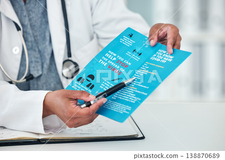 Doctor, hands and covid documents for healthcare, safety or information for advice or consultation at hospital. Person or medical professional show pamphlet, paper or poster for life insurance Doctor, hands and covid documents for healthcare, safety or information for advice or consultation at hospital. Person or medical professional show pamphlet, paper or poster for life insurance 138870689