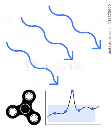 Business processes, data analysis, workflow strategies, visual , teamwork, productivity. Blue arrows indicate flow, chart shows data trend and spinner dynamics. Workflow strategies and data analysis 138870690