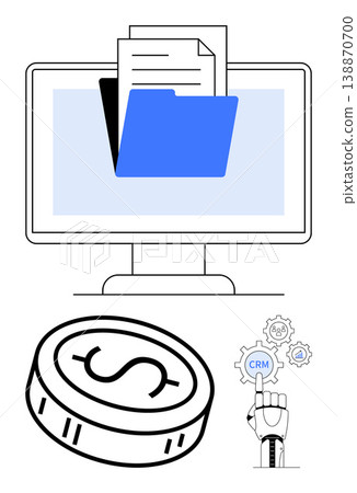 File organization, business tools, finance management, automation, digital storage, customer data. Folder, money symbol robotic hand selecting CRM gears. File organization and business tools concept 138870700
