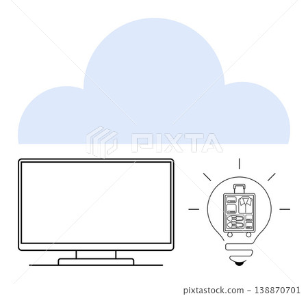 Cloud technology, innovation, online storage, data access, digital solutions, creativity. Minimalist cloud, screen lightbulb with drawers inside. Cloud technology and innovation concept 138870701