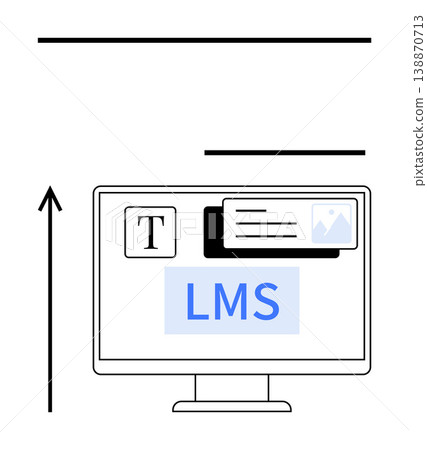 Online learning, virtual education, technology integration, e-learning platforms, digital instruction, curriculum management. Computer screen displaying LMS, text and image icons. Online learning 138870713