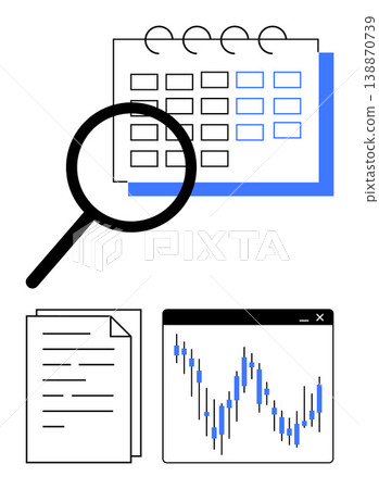 Data analysis, business strategy, financial planning, document management, market research, investment. Magnifying glass over calendar, papers and stock market chart. Data analysis and business Data analysis, business strategy, financial planning, document management, market research, investment. Magnifying glass over calendar, papers and stock market chart. Data analysis and business 138870739