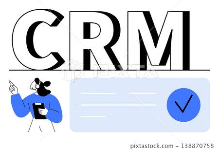 Business management, customer relationship, workflow organization, software solutions, data management, client communication. Large CRM text with a person holding a tablet and a checklist. Business Business management, customer relationship, workflow organization, software solutions, data management, client communication. Large CRM text with a person holding a tablet and a checklist. Business 138870758