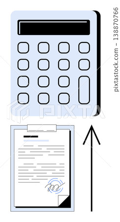 Financial operations, digital documentation, e-signatures, accounting, workflow automation, business transactions. Calculator with numeric buttons and signed document. Financial operations 138870766
