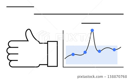 Business strategy, data analysis, positive feedback, success metrics, growth monitoring, user engagement. A thumb up and a chart with plotted points. Business strategy and data analysis 138870768