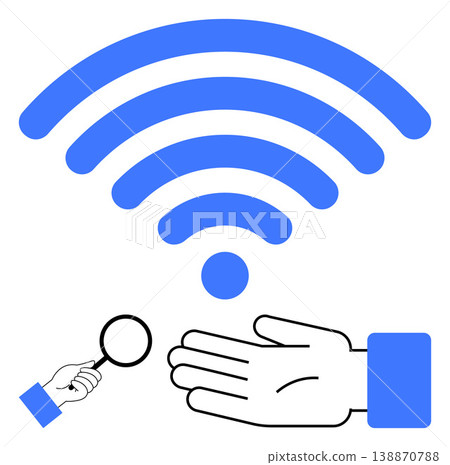 Internet connectivity, network analysis, technology services, digital communication, wireless data, information exchange. wireless icon with magnifying glass and open hand. Internet connectivity Internet connectivity, network analysis, technology services, digital communication, wireless data, information exchange. wireless icon with magnifying glass and open hand. Internet connectivity 138870788