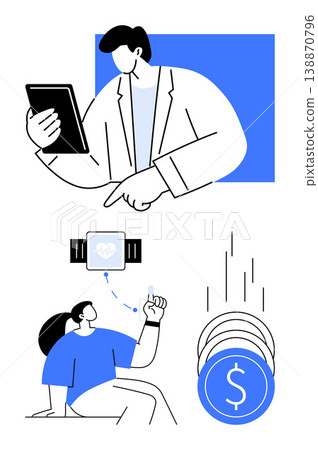 Healthcare innovation, wearable tech, AI analysis, personal health tracking, telemedicine, digital payments. A person using a tablet, wearables showing health data coins payments. Healthcare Healthcare innovation, wearable tech, AI analysis, personal health tracking, telemedicine, digital payments. A person using a tablet, wearables showing health data coins payments. Healthcare 138870796