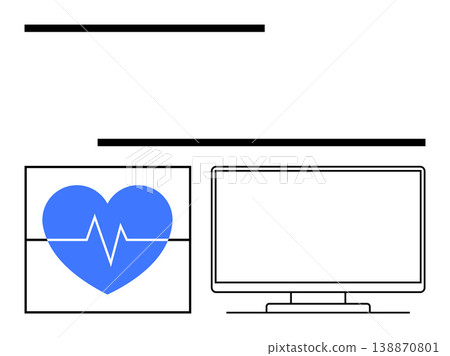 Telemedicine, remote health monitoring, cardiology, technology integration, virtual healthcare, modern diagnostics. Heart with electrocardiogram line next to a computer. Telemedicine and remote 138870801