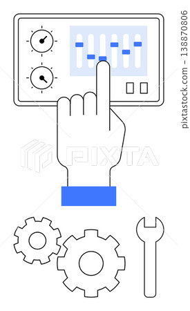 Settings management, technical adjustments, process control, equipment maintenance, user interface, engineering tools. Hand adjusting control panel, gears and wrench. Settings management 138870806