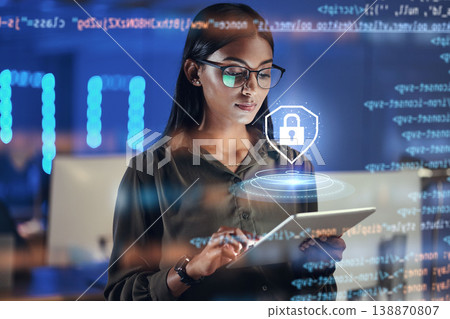 Lock hologram, tablet and woman with data analysis safety, software overlay and cyber security coding at night. Html, script and person reading with digital technology, gdpr and networking research 138870807