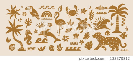 Tropical elements. Hawaii doodle elements. Hand drawn jungle silhouette. Retro bird, animal, palm tree, seashell, leaf, plant, wave. Summer paradise vibe. Vector set 138870812