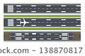 Airport runway. Aircraft road line top view. Taking off and landing plane. Airfield with markers and numbers for planes. Air transport, airline terminal. Vector illustration 138870817