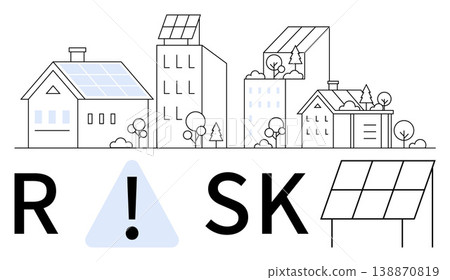 Sustainable energy, risk awareness, renewable solutions, energy efficiency, urban planning, solar tech. Simplified solar-powered houses and buildings. Sustainable energy and risk awareness concept Sustainable energy, risk awareness, renewable solutions, energy efficiency, urban planning, solar tech. Simplified solar-powered houses and buildings. Sustainable energy and risk awareness concept 138870819