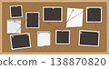 Notice board. Corkboard with notes. Office wood bulletin pinboard with paper stickers, frame, pinned memo sheets, message, post. Vector template background 138870820