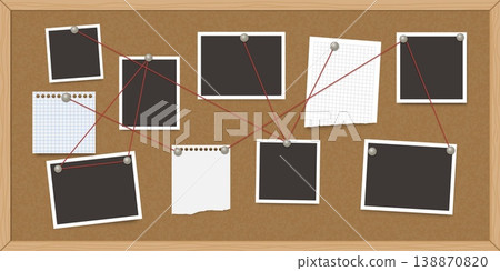 Notice board. Corkboard with notes. Office wood bulletin pinboard with paper stickers, frame, pinned memo sheets, message, post. Vector template background 138870820