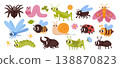 Cute insects. Cartoon bugs. Funny kids insect character. Comic ladybug, butterfly, dragonfly, bee, happy snail, ant, worm, spider, caterpillar. Vector different bug set 138870823