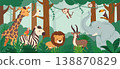 Jungle scene. Wild animals in forest. African wildlife with giraffe, elephant, lion, monkey, bird, zebra in tropical environment. Vector nature landscape 138870829